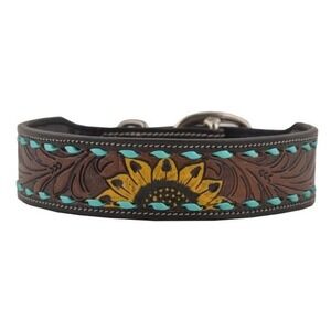 SCENIC HAND-TOOLED LEATHER DOG COLLAR Western Sunflower Turquoise M